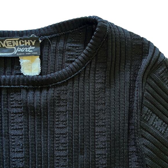 Givenchy Sport 1970s Black Pointelle Logo Ribbed Knit Long-Sleeve Vintage Top - Picture 5 of 9